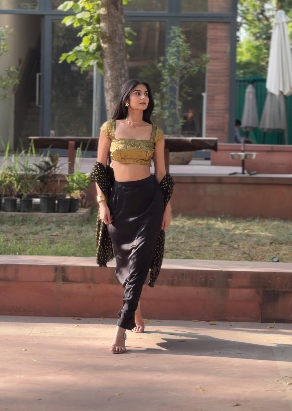 Gold Rush 3-Piece Set — Metallic Crop Top, Black Satin Skirt & Gold Foil Georgette Dupatta | ALBABS