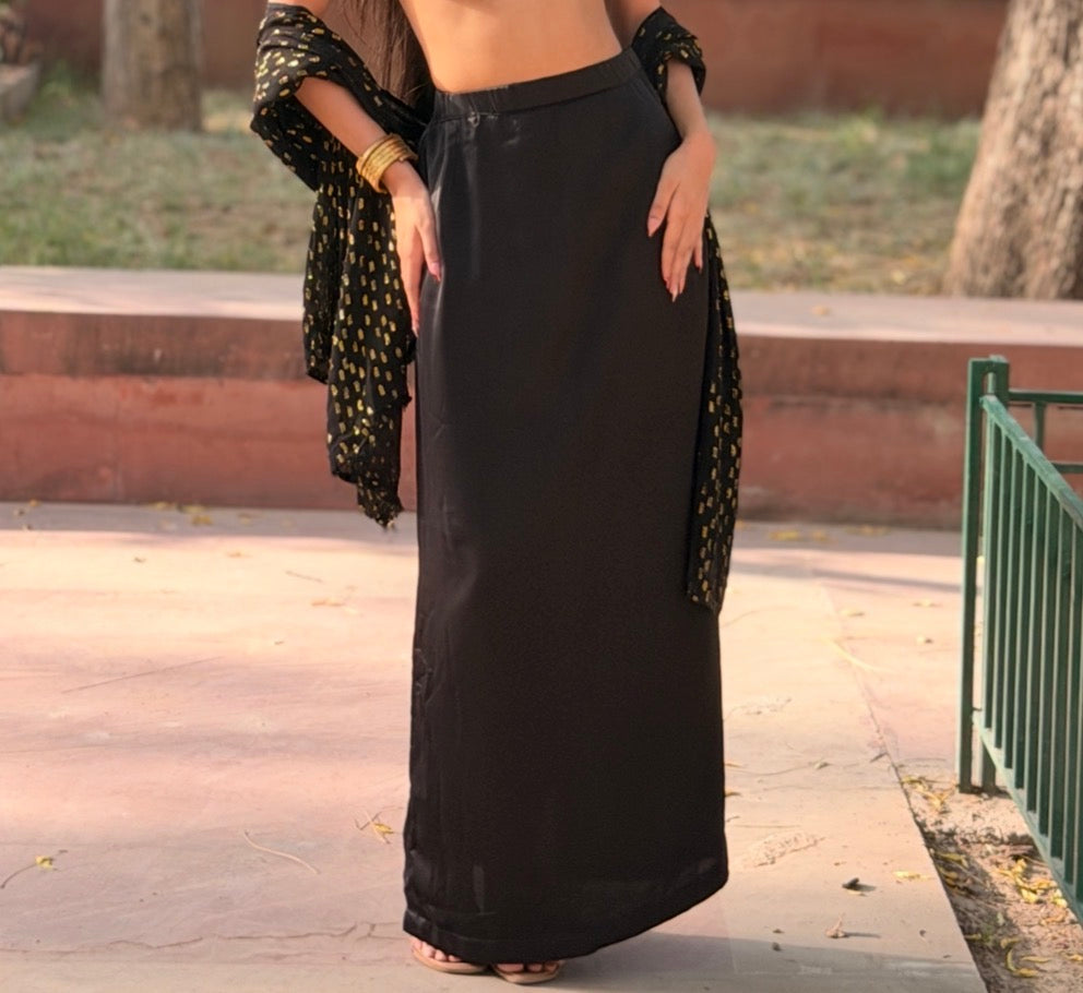 Gold Rush 3-Piece Set — Metallic Crop Top, Black Satin Skirt & Gold Foil Georgette Dupatta | ALBABS