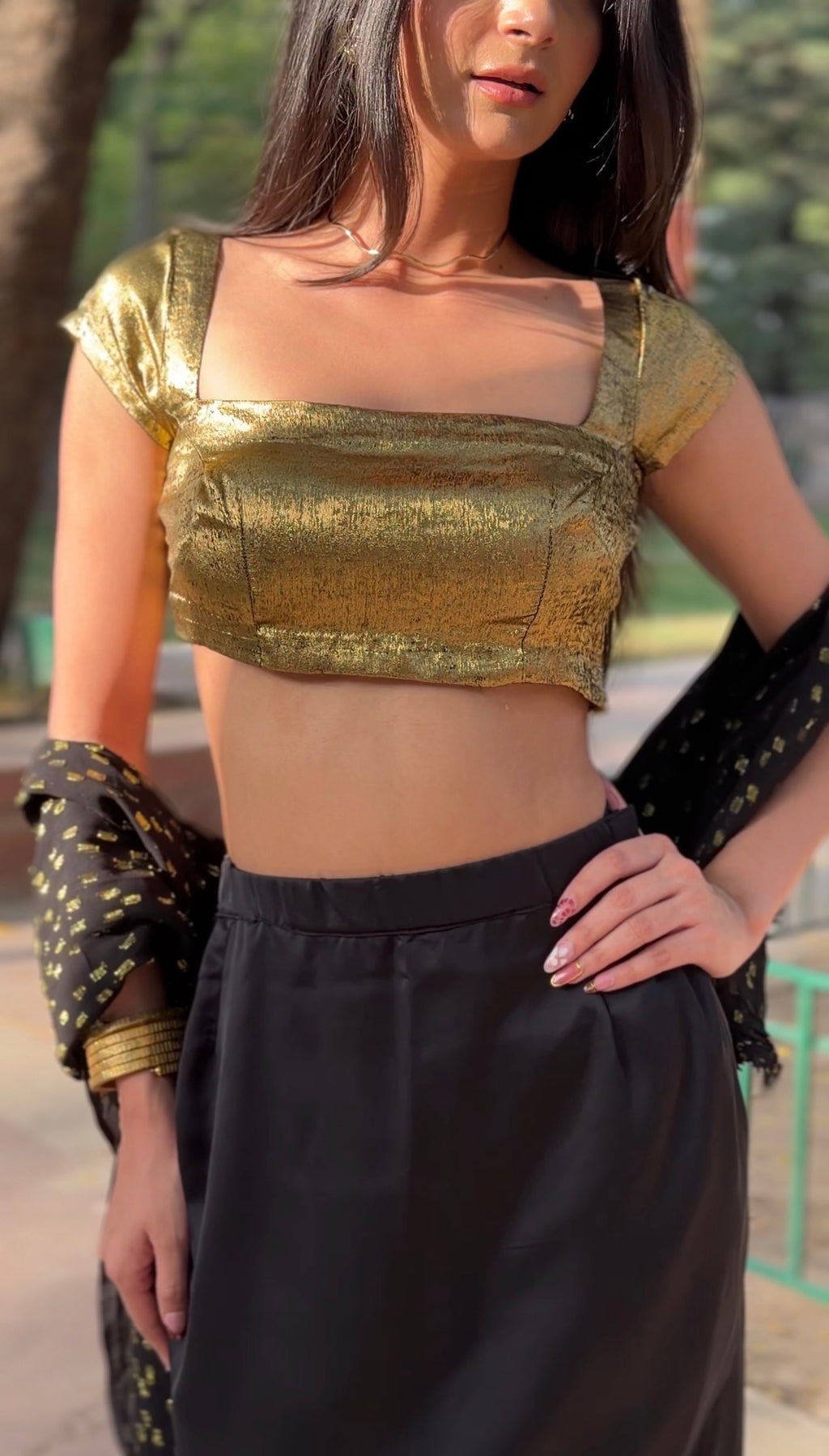 Gold Rush 3-Piece Set — Metallic Crop Top, Black Satin Skirt & Gold Foil Georgette Dupatta | ALBABS