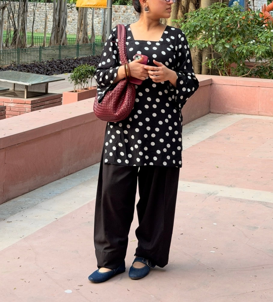 Polka Party 2-Piece Set — Black & White Polka Dot Kameez with Back Dori & Farshi Shalwar | ALBABS