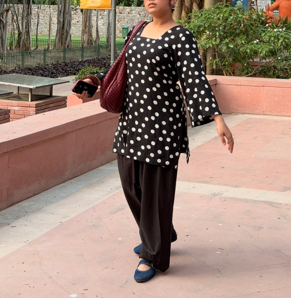 Polka Party 2-Piece Set — Black & White Polka Dot Kameez with Back Dori & Farshi Shalwar | ALBABS