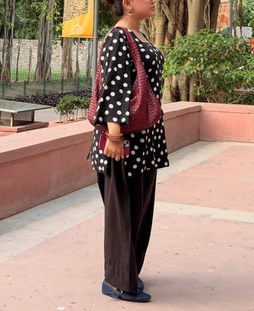 Polka Party 2-Piece Set — Black & White Polka Dot Kameez with Back Dori & Farshi Shalwar | ALBABS