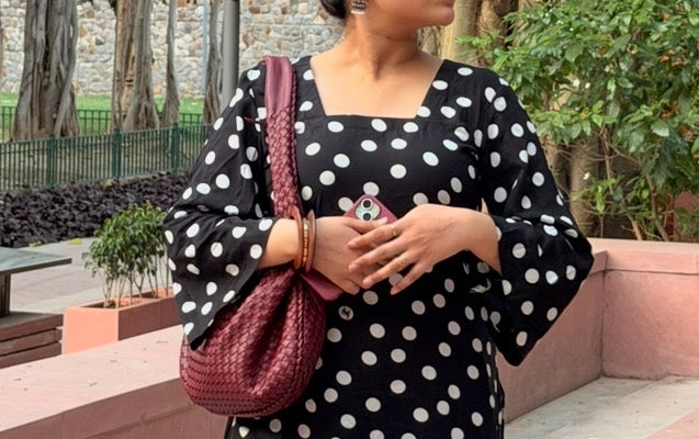 Polka Party 2-Piece Set — Black & White Polka Dot Kameez with Back Dori & Farshi Shalwar | ALBABS