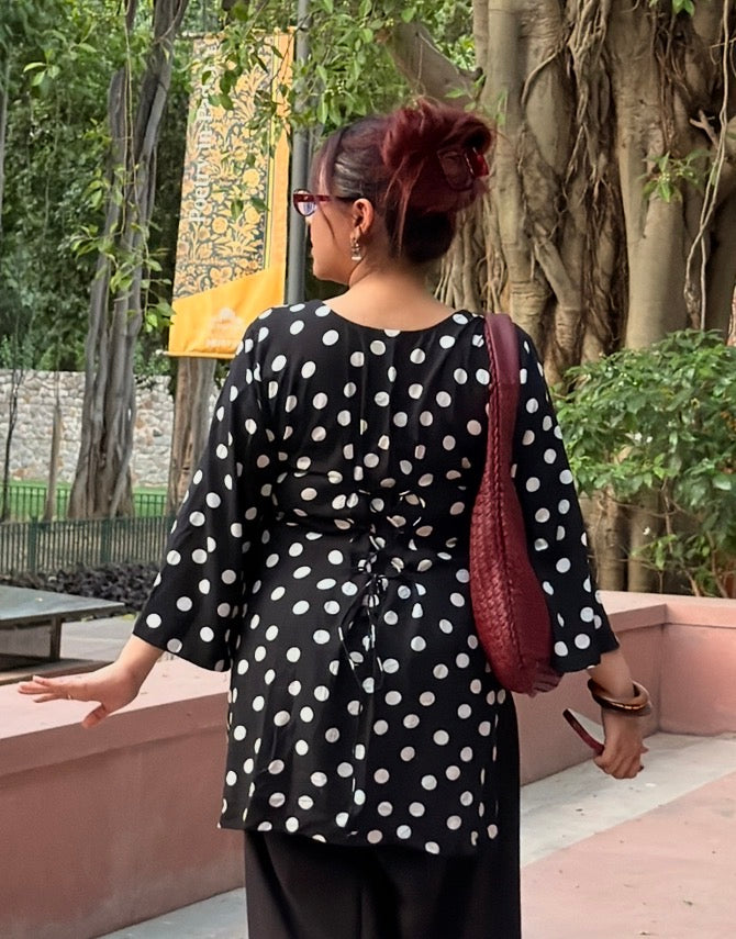 Polka Party 2-Piece Set — Black & White Polka Dot Kameez with Back Dori & Farshi Shalwar | ALBABS
