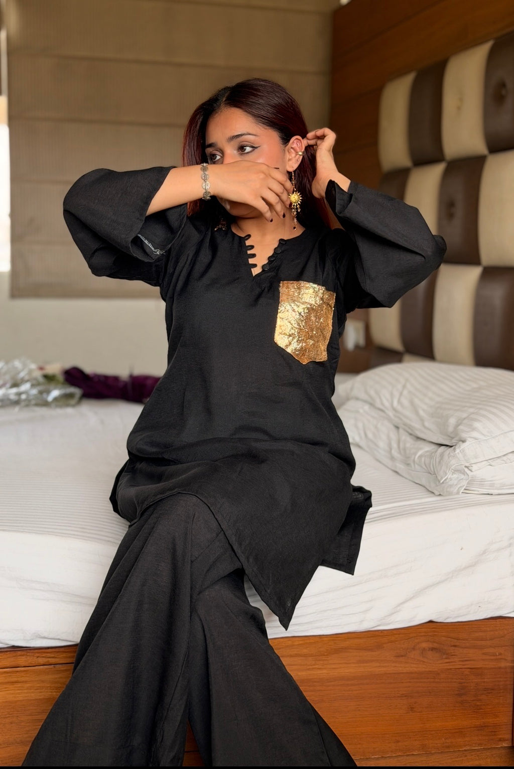 2-Piece Set — Black Khadi Cotton Oversized Kurti with Gold Sequin Pocket, Designer Neck & Bell Bottom Trousers | ALBABS