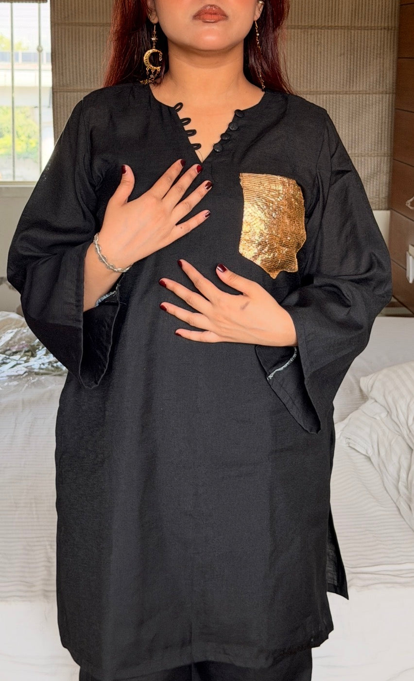 2-Piece Set — Black Khadi Cotton Oversized Kurti with Gold Sequin Pocket, Designer Neck & Bell Bottom Trousers | ALBABS