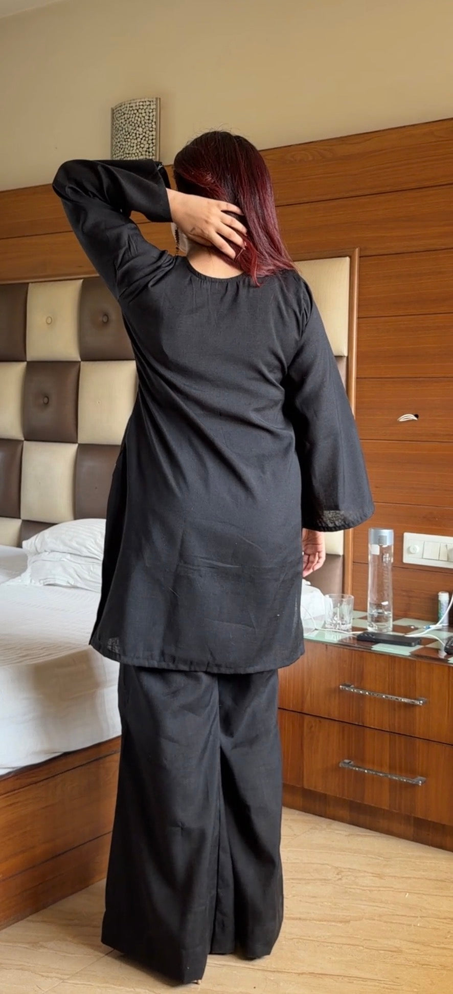 2-Piece Set — Black Khadi Cotton Oversized Kurti with Gold Sequin Pocket, Designer Neck & Bell Bottom Trousers | ALBABS