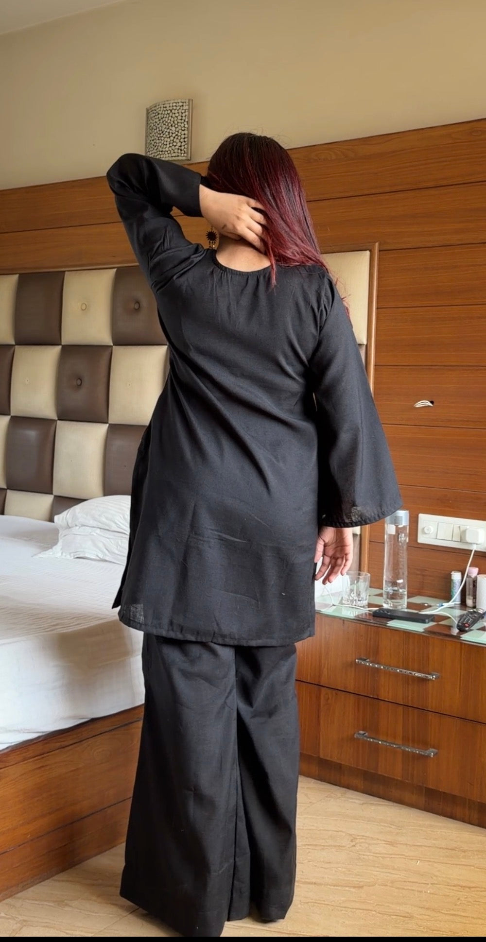 2-Piece Set — Black Khadi Cotton Oversized Kurti with Gold Sequin Pocket, Designer Neck & Bell Bottom Trousers | ALBABS