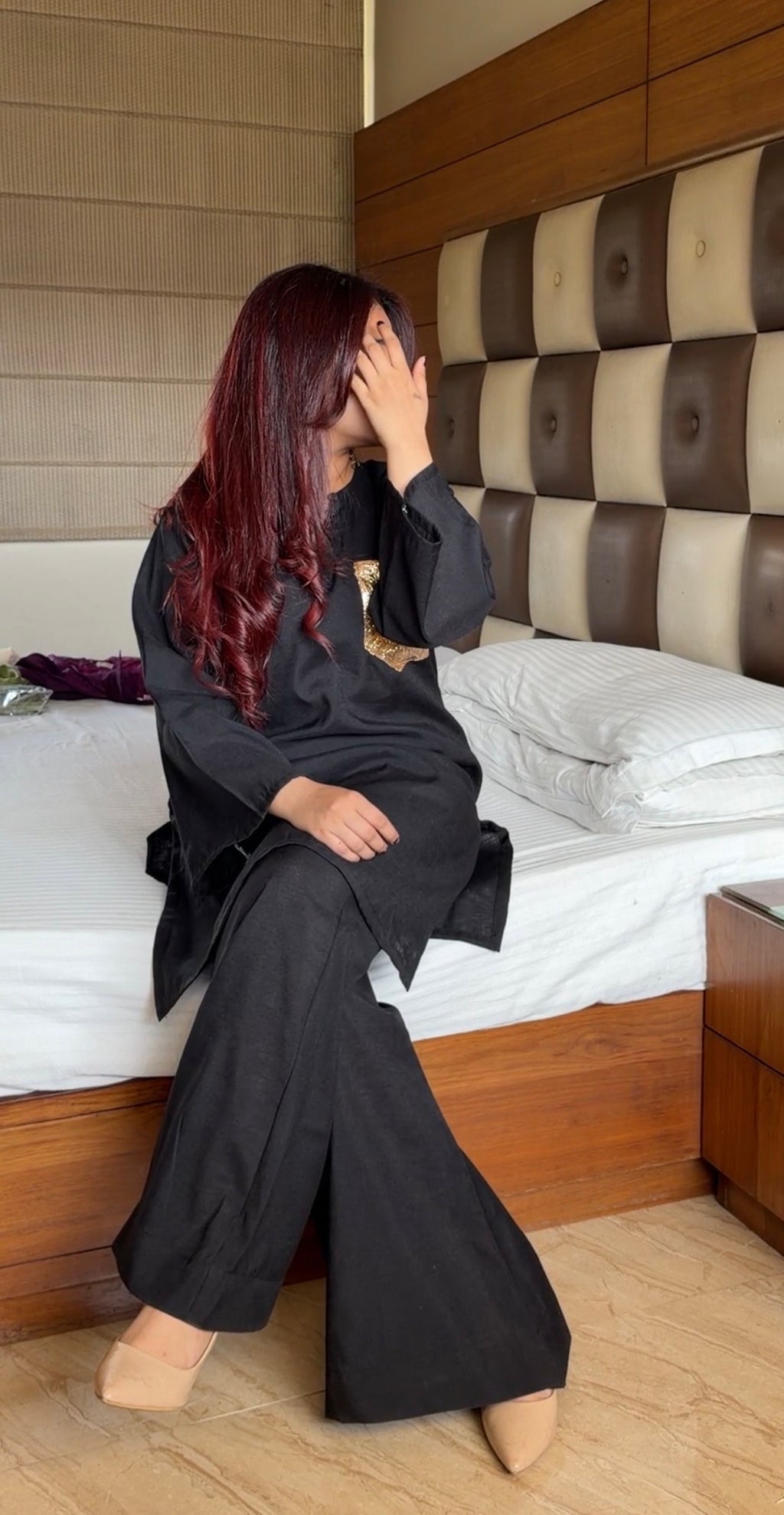 2-Piece Set — Black Khadi Cotton Oversized Kurti with Gold Sequin Pocket, Designer Neck & Bell Bottom Trousers | ALBABS
