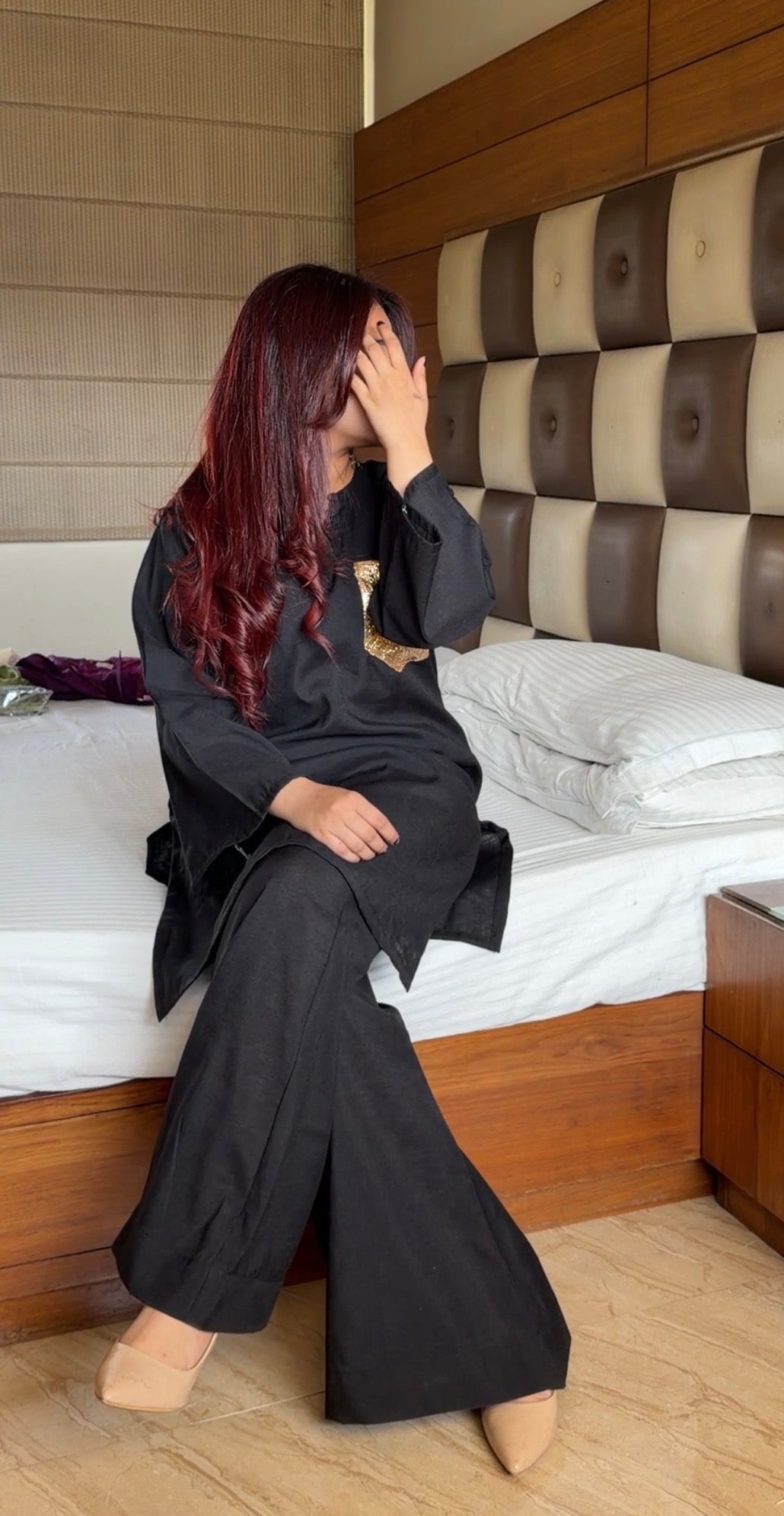 2-Piece Set — Black Khadi Cotton Oversized Kurti with Gold Sequin Pocket, Designer Neck & Bell Bottom Trousers | ALBABS