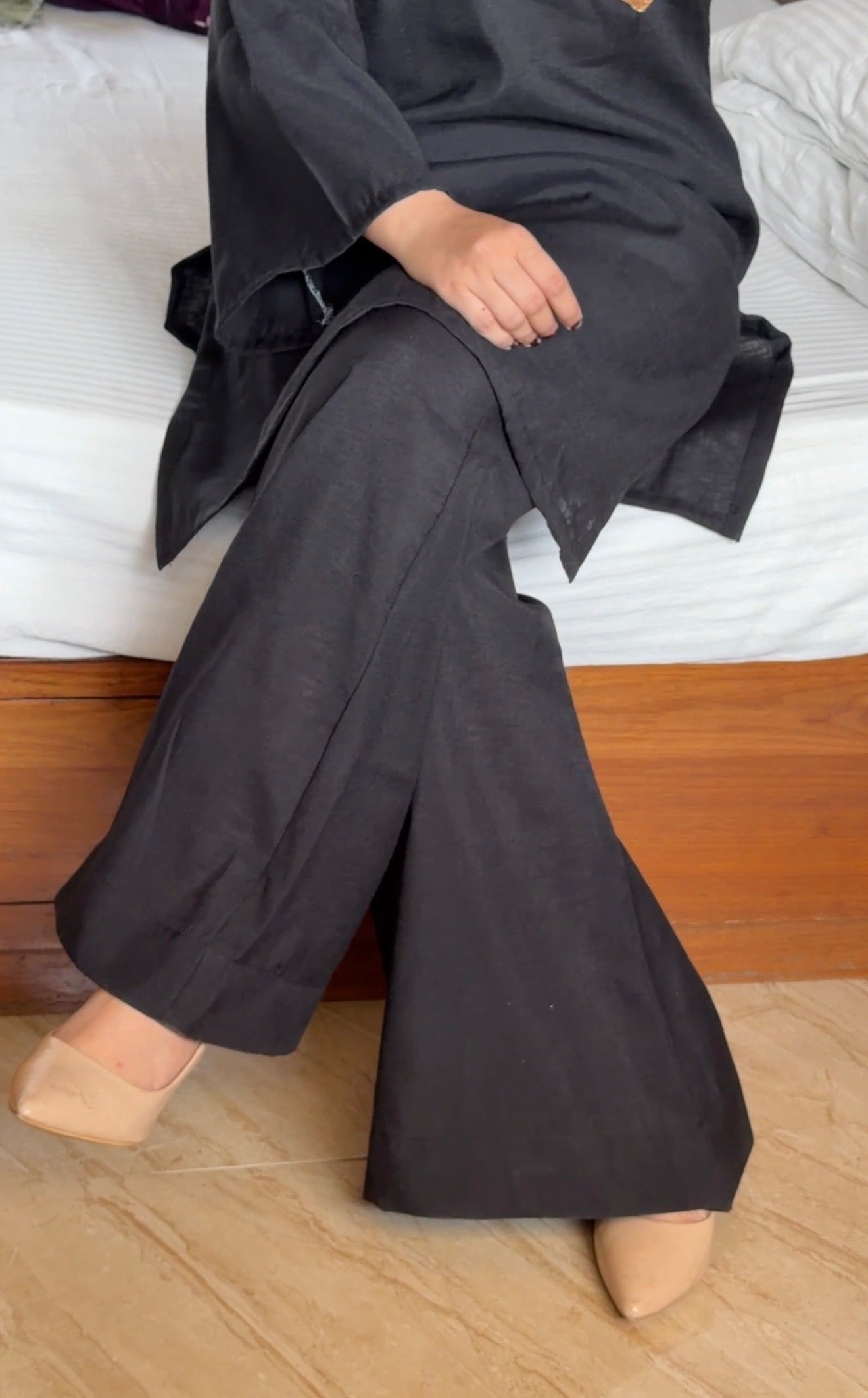 2-Piece Set — Black Khadi Cotton Oversized Kurti with Gold Sequin Pocket, Designer Neck & Bell Bottom Trousers | ALBABS