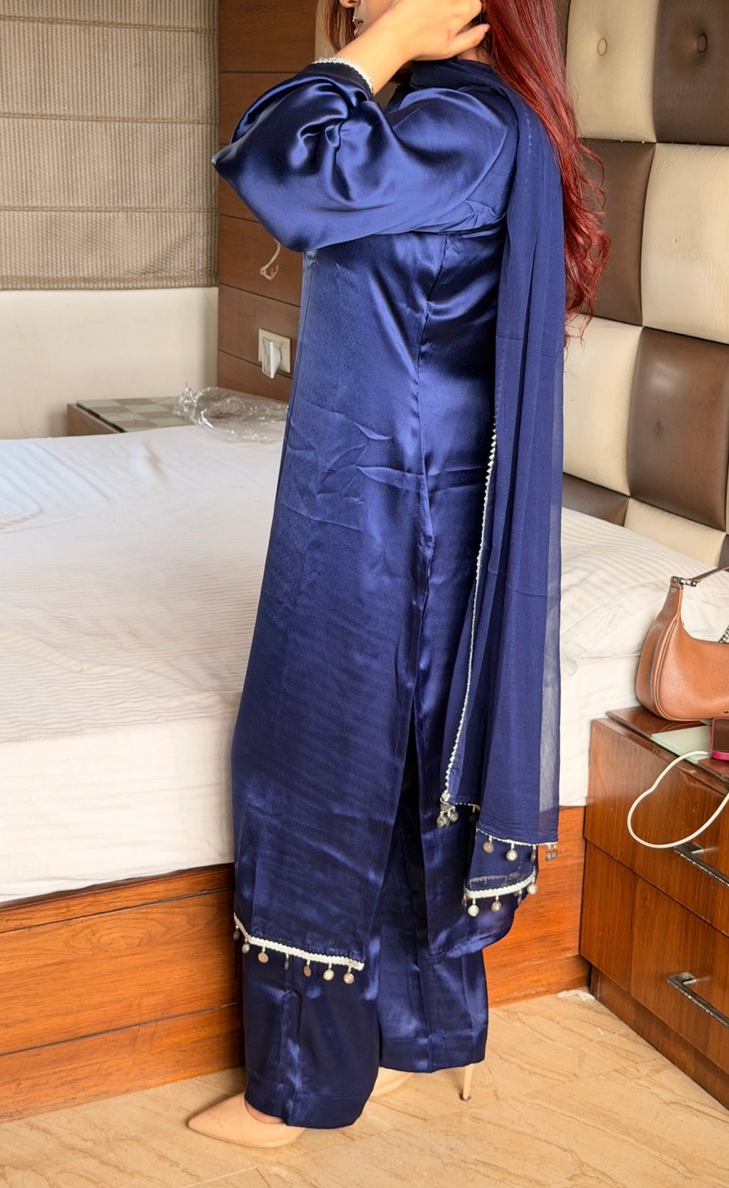 Midnight Navy 3-Piece Set — Premium Satin Long Kameez with Silver Coin Lace, Bell Bottom Trousers & Organza Dupatta | ALBABS