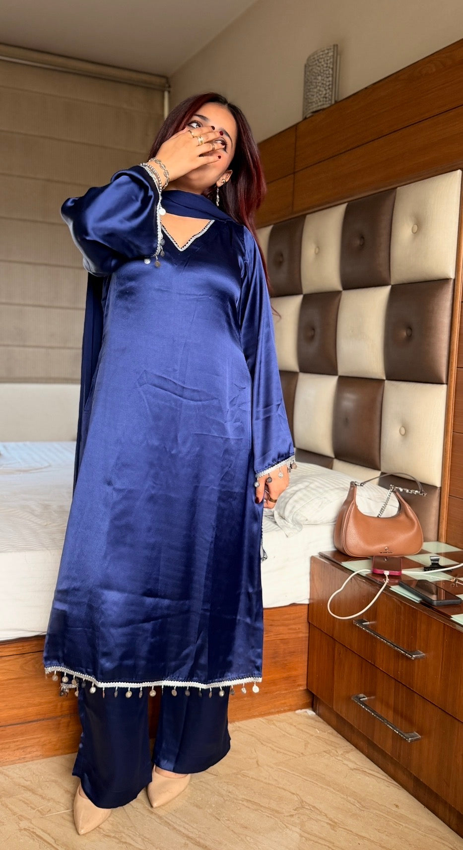 Midnight Navy 3-Piece Set — Premium Satin Long Kameez with Silver Coin Lace, Bell Bottom Trousers & Organza Dupatta | ALBABS