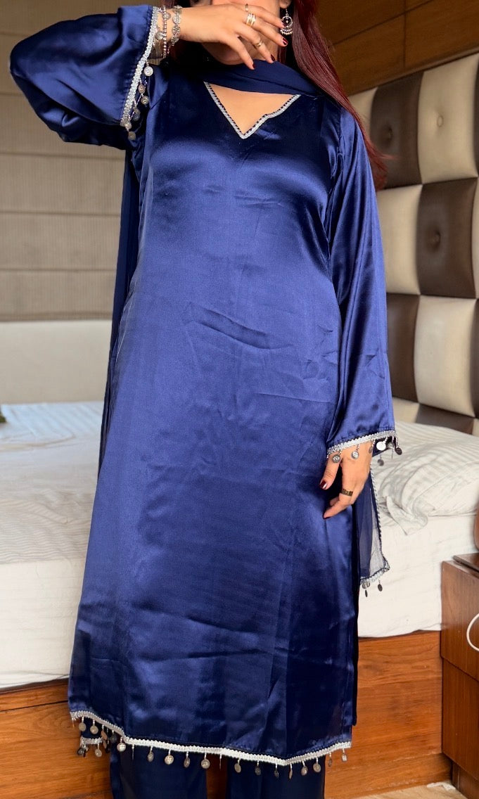 Midnight Navy 3-Piece Set — Premium Satin Long Kameez with Silver Coin Lace, Bell Bottom Trousers & Organza Dupatta | ALBABS