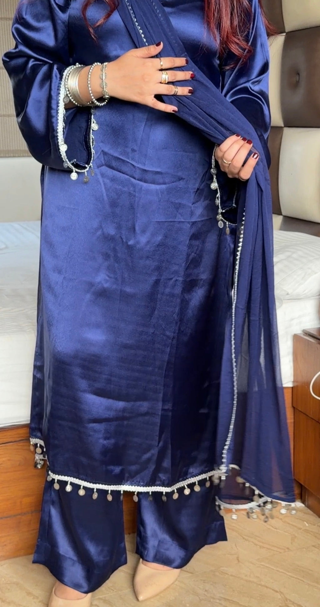 Midnight Navy 3-Piece Set — Premium Satin Long Kameez with Silver Coin Lace, Bell Bottom Trousers & Organza Dupatta | ALBABS