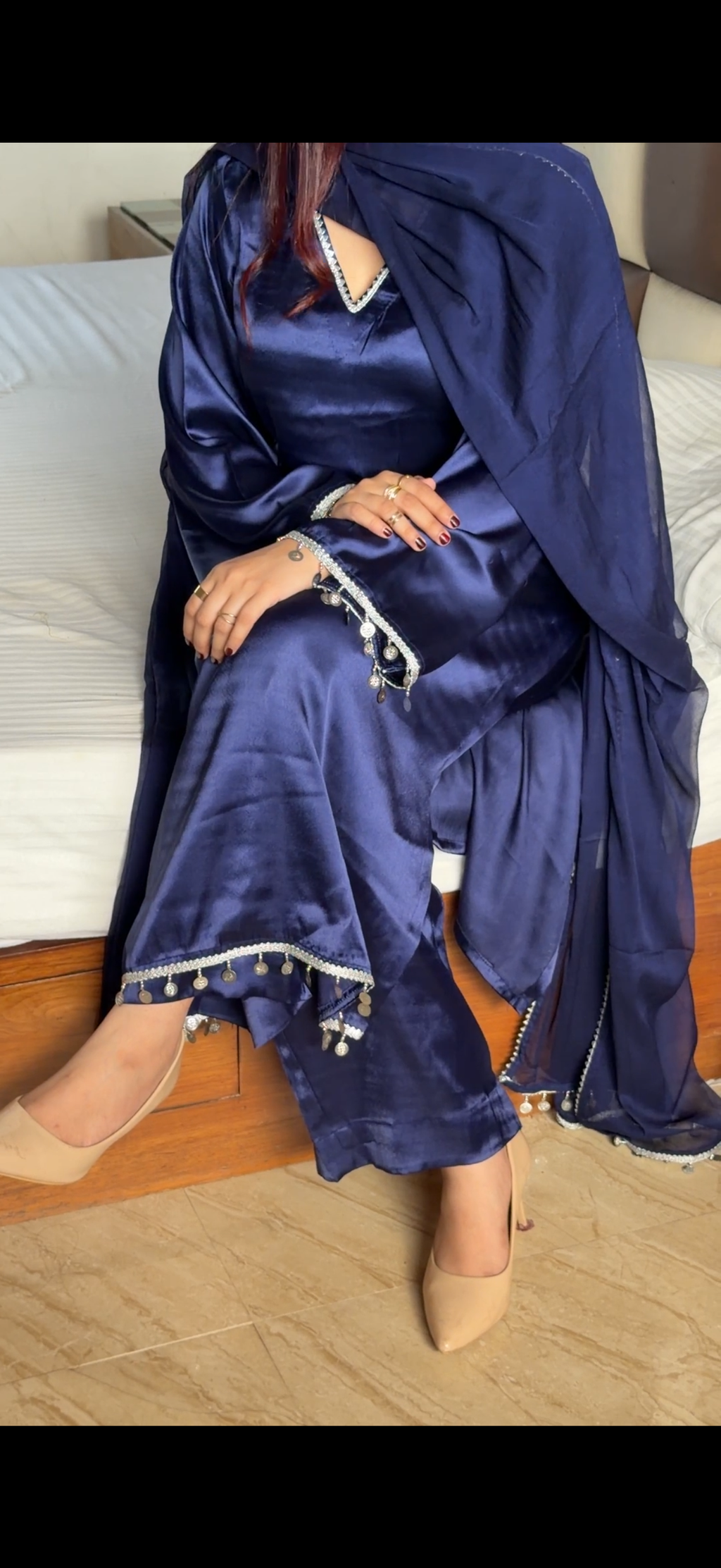 Midnight Navy 3-Piece Set — Premium Satin Long Kameez with Silver Coin Lace, Bell Bottom Trousers & Organza Dupatta | ALBABS