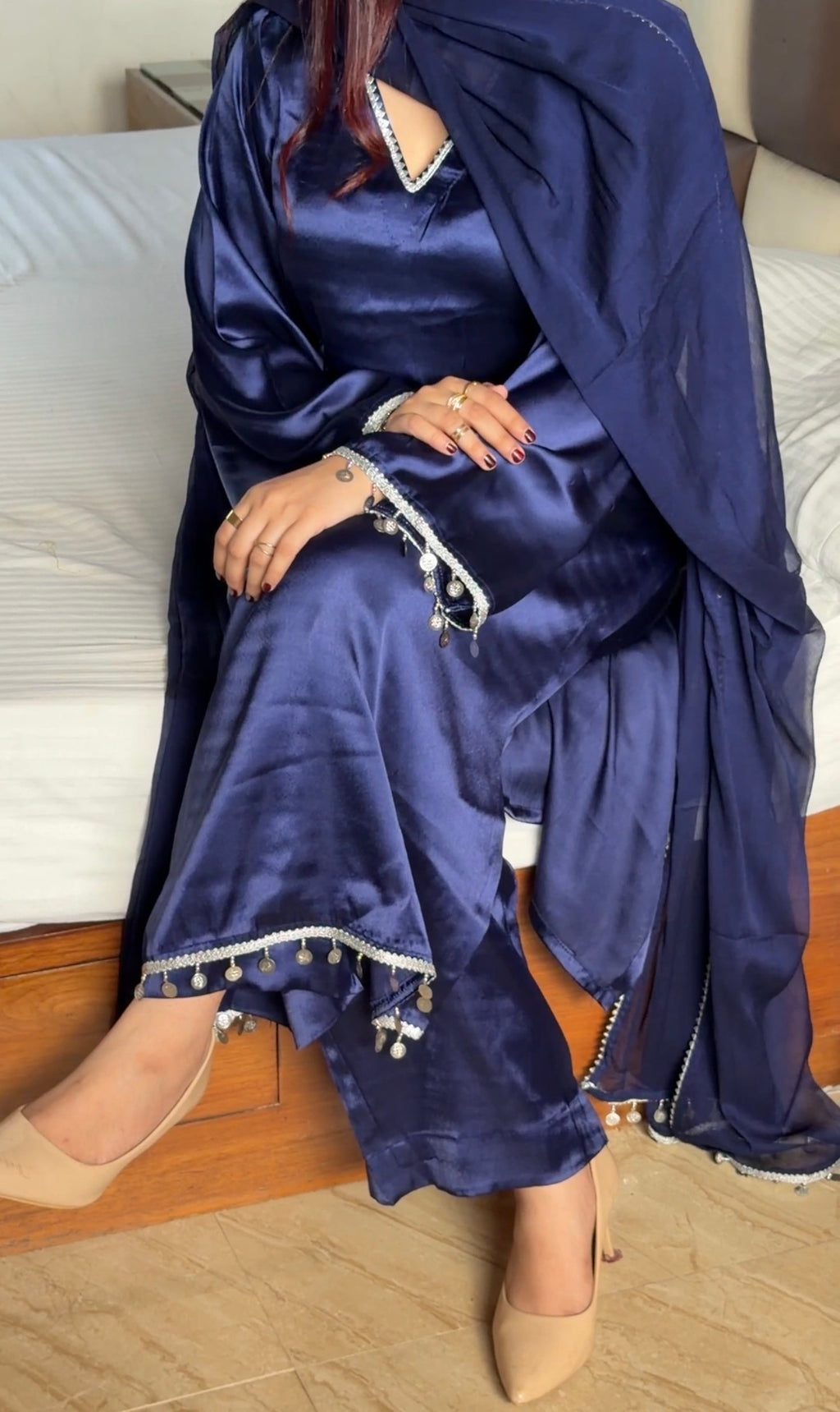 Midnight Navy 3-Piece Set — Premium Satin Long Kameez with Silver Coin Lace, Bell Bottom Trousers & Organza Dupatta | ALBABS