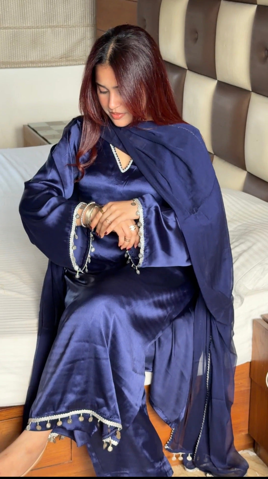 Midnight Navy 3-Piece Set — Premium Satin Long Kameez with Silver Coin Lace, Bell Bottom Trousers & Organza Dupatta | ALBABS