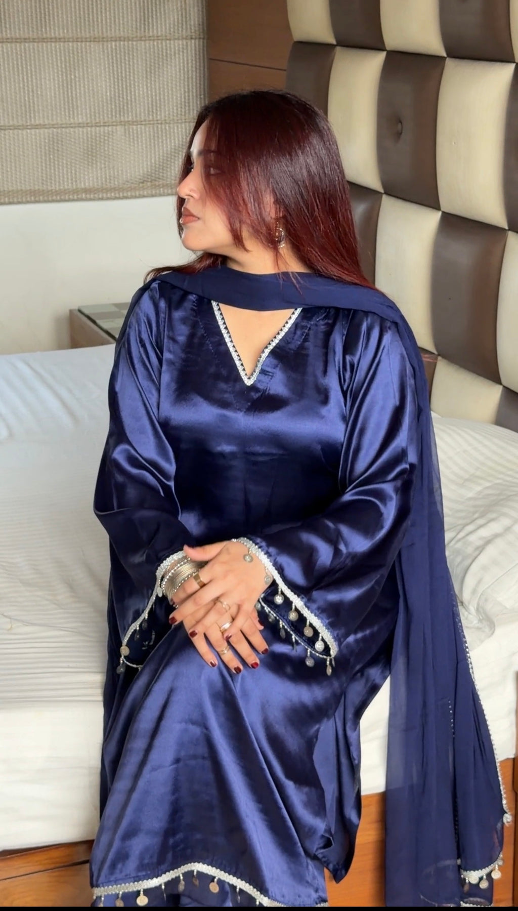 Midnight Navy 3-Piece Set — Premium Satin Long Kameez with Silver Coin Lace, Bell Bottom Trousers & Organza Dupatta | ALBABS