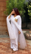 3-Piece Set — Pure White Linen Kameez with Gold Metallic Pocket, Gold Scallop Organza Dupatta & Wide Leg Trousers | ALBABS