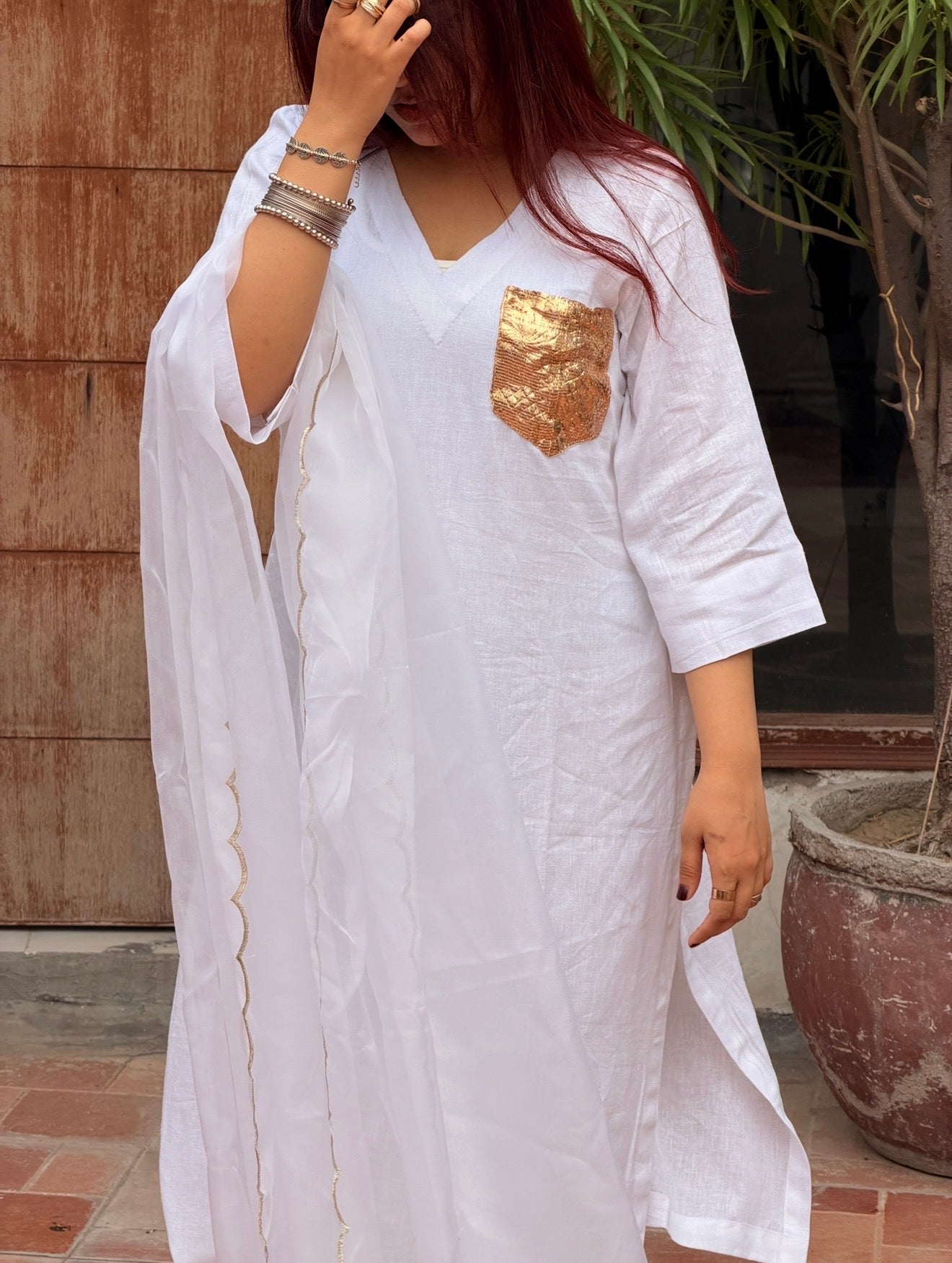 3-Piece Set — Pure White Linen Kameez with Gold Metallic Pocket, Gold Scallop Organza Dupatta & Wide Leg Trousers | ALBABS