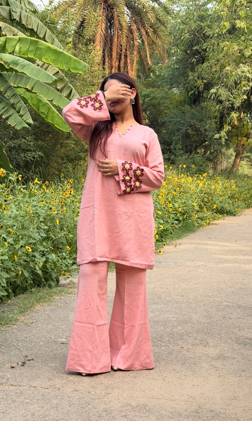 Bloom & Blush 2-Piece Set — Pure Pink Linen Kameez with Flower Patch Cuffs, Scallop Neckline & Bell Bottom Trousers | ALBABS
