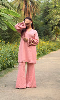 Bloom & Blush 2-Piece Set — Pure Pink Linen Kameez with Flower Patch Cuffs, Scallop Neckline & Bell Bottom Trousers | ALBABS