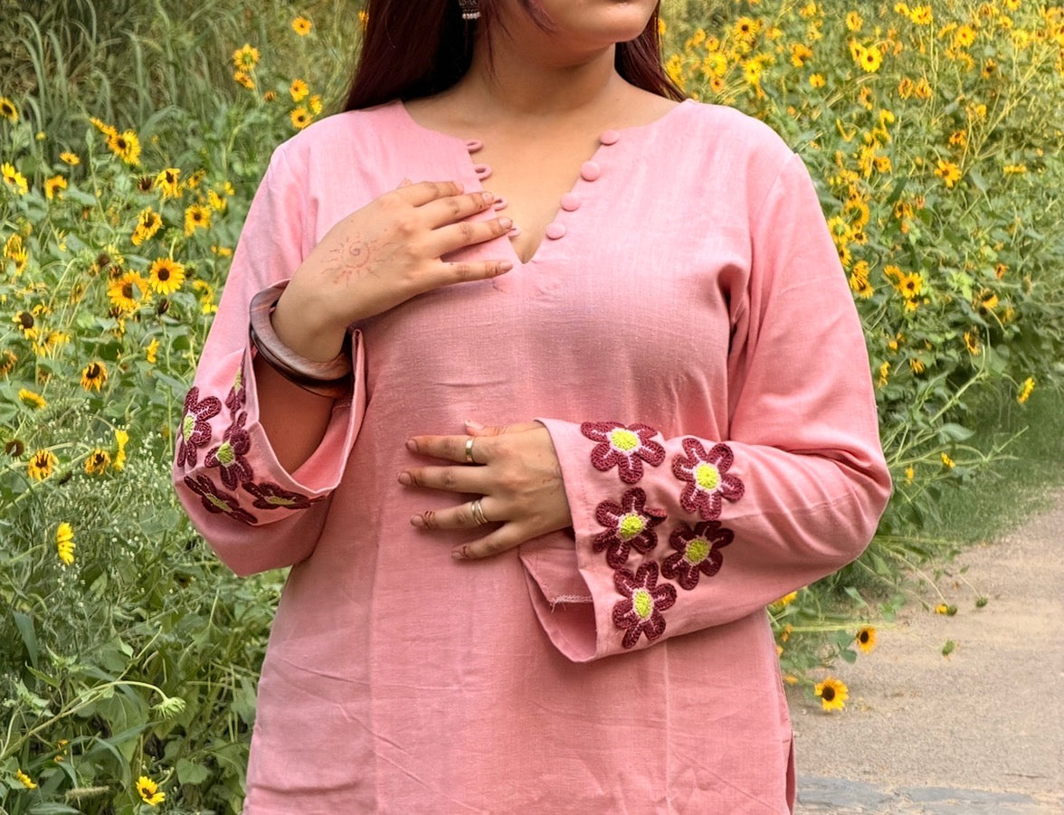 Bloom & Blush 2-Piece Set — Pure Pink Linen Kameez with Flower Patch Cuffs, Scallop Neckline & Bell Bottom Trousers | ALBABS
