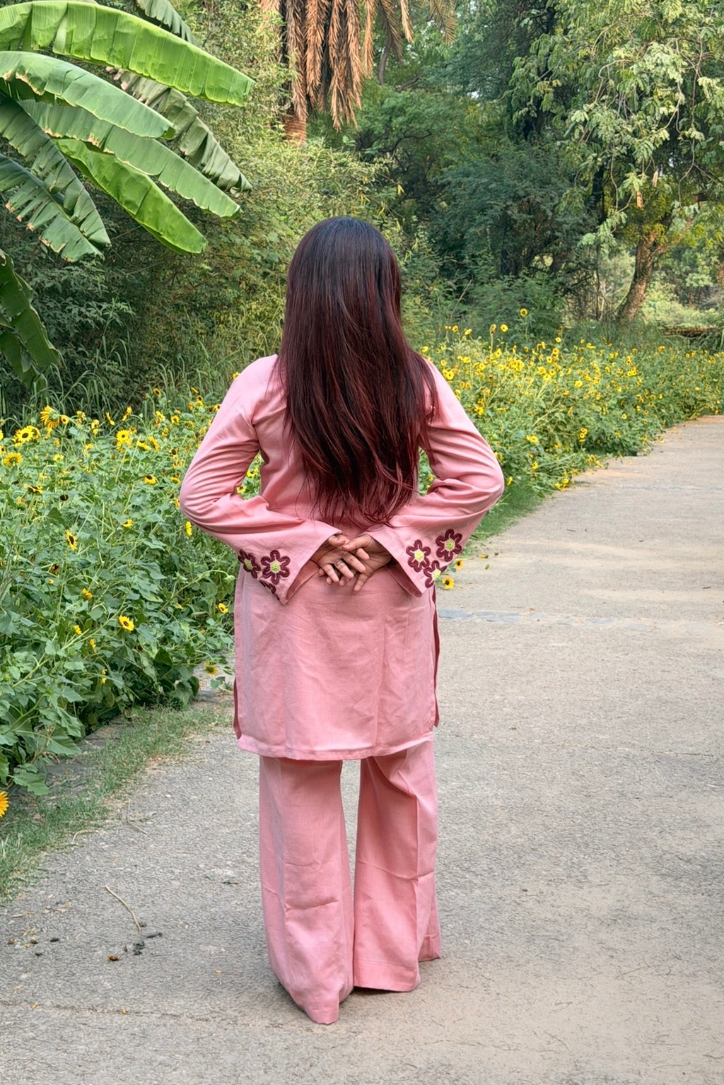 Bloom & Blush 2-Piece Set — Pure Pink Linen Kameez with Flower Patch Cuffs, Scallop Neckline & Bell Bottom Trousers | ALBABS