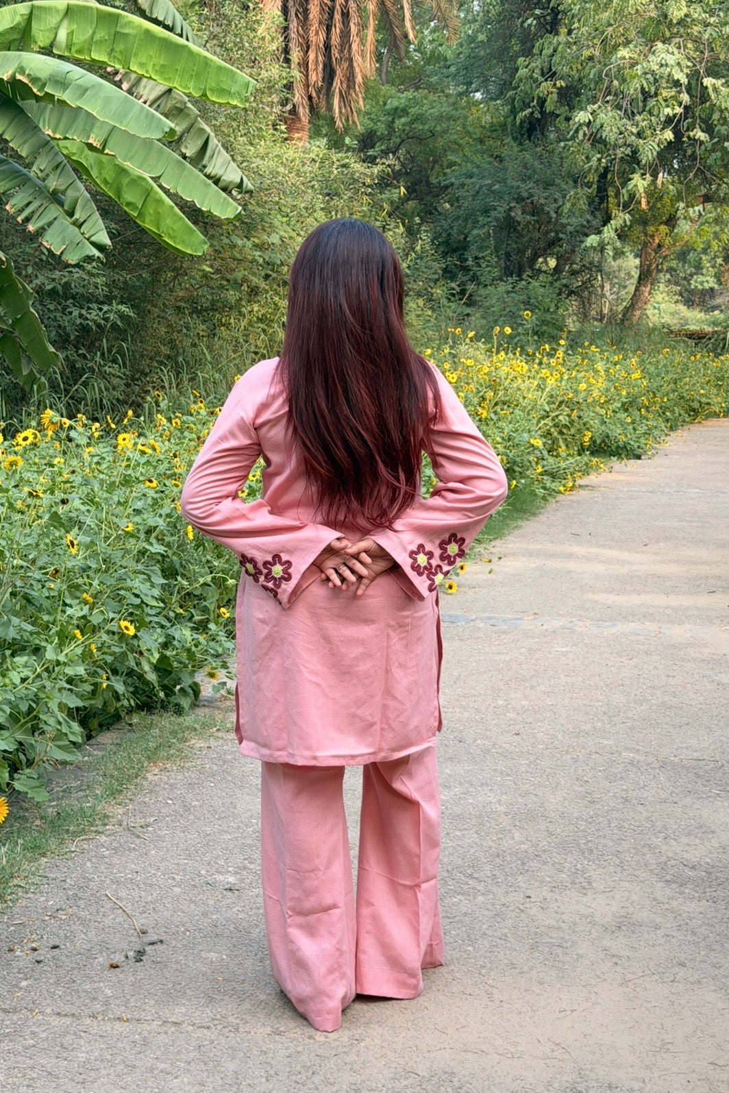 Bloom & Blush 2-Piece Set — Pure Pink Linen Kameez with Flower Patch Cuffs, Scallop Neckline & Bell Bottom Trousers | ALBABS