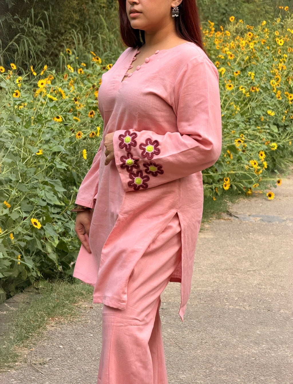Bloom & Blush 2-Piece Set — Pure Pink Linen Kameez with Flower Patch Cuffs, Scallop Neckline & Bell Bottom Trousers | ALBABS