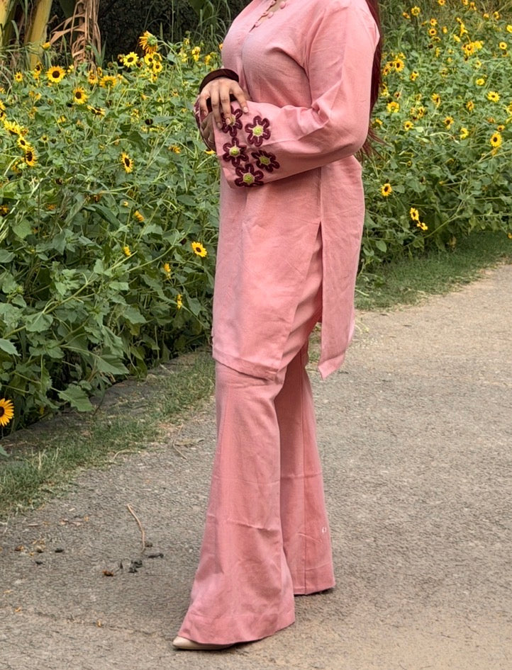 Bloom & Blush 2-Piece Set — Pure Pink Linen Kameez with Flower Patch Cuffs, Scallop Neckline & Bell Bottom Trousers | ALBABS