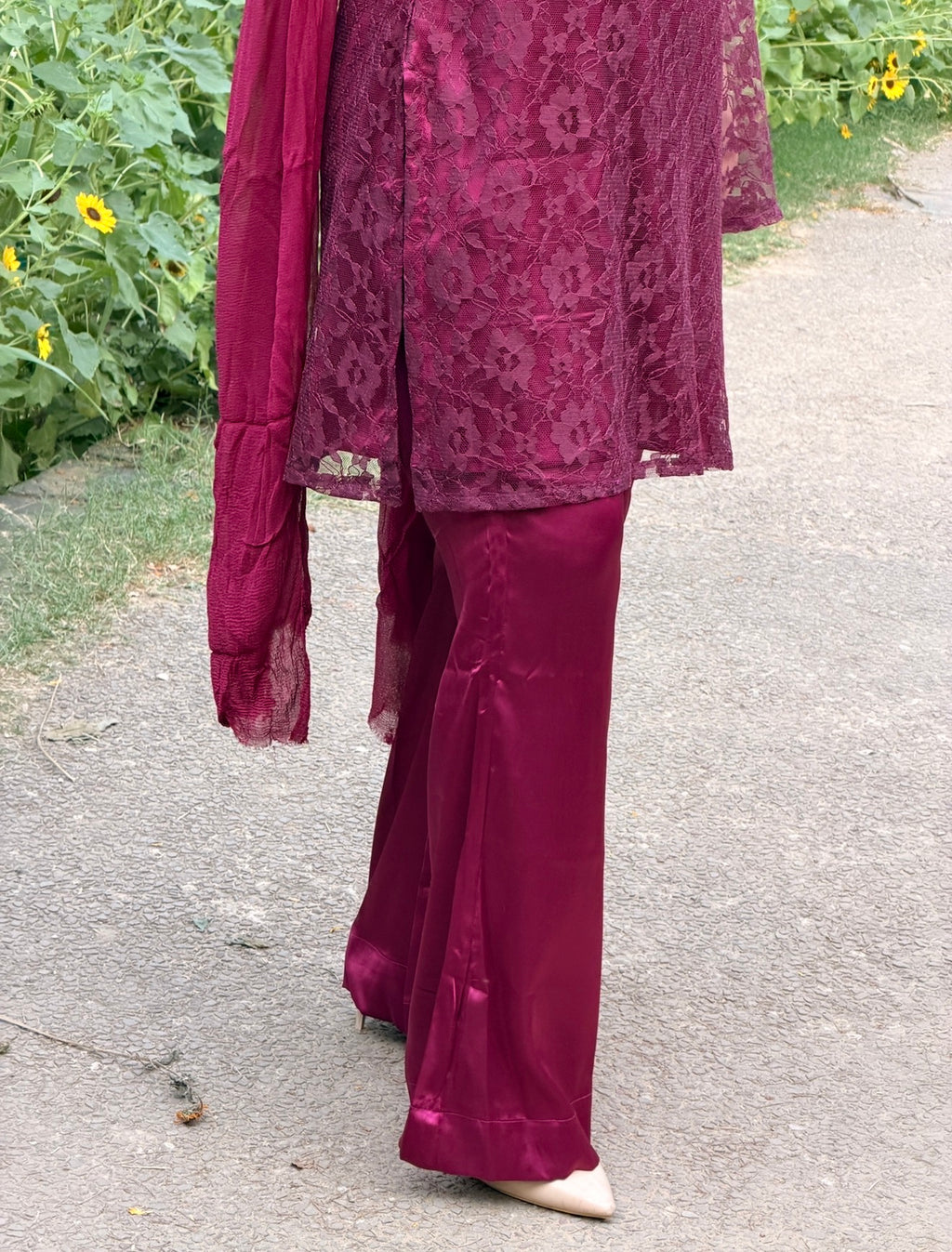 3-Piece Set — Burgundy Designer Net Kameez with Flared Sleeves, Satin Bell Bottom Trousers & Chiffon Dupatta  | ALBABS