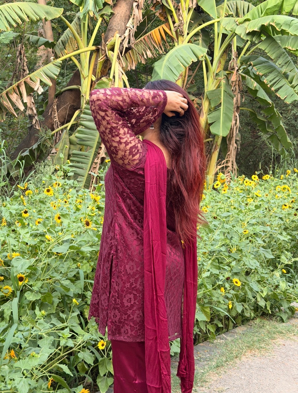 3-Piece Set — Burgundy Designer Net Kameez with Flared Sleeves, Satin Bell Bottom Trousers & Chiffon Dupatta  | ALBABS