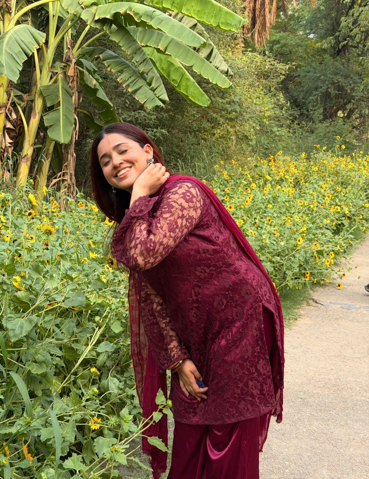 3-Piece Set — Burgundy Designer Net Kameez with Flared Sleeves, Satin Bell Bottom Trousers & Chiffon Dupatta  | ALBABS