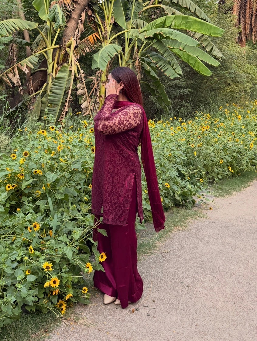 3-Piece Set — Burgundy Designer Net Kameez with Flared Sleeves, Satin Bell Bottom Trousers & Chiffon Dupatta  | ALBABS
