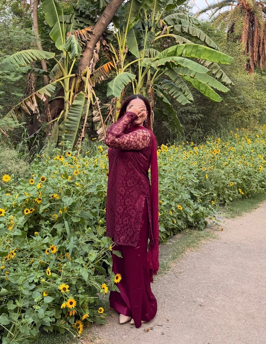 3-Piece Set — Burgundy Designer Net Kameez with Flared Sleeves, Satin Bell Bottom Trousers & Chiffon Dupatta  | ALBABS