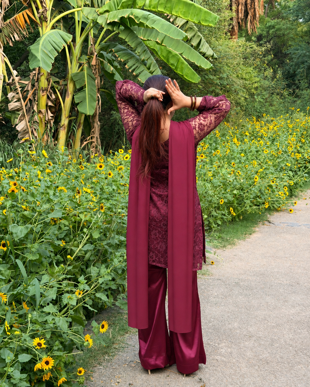 3-Piece Set — Burgundy Designer Net Kameez with Flared Sleeves, Satin Bell Bottom Trousers & Chiffon Dupatta  | ALBABS