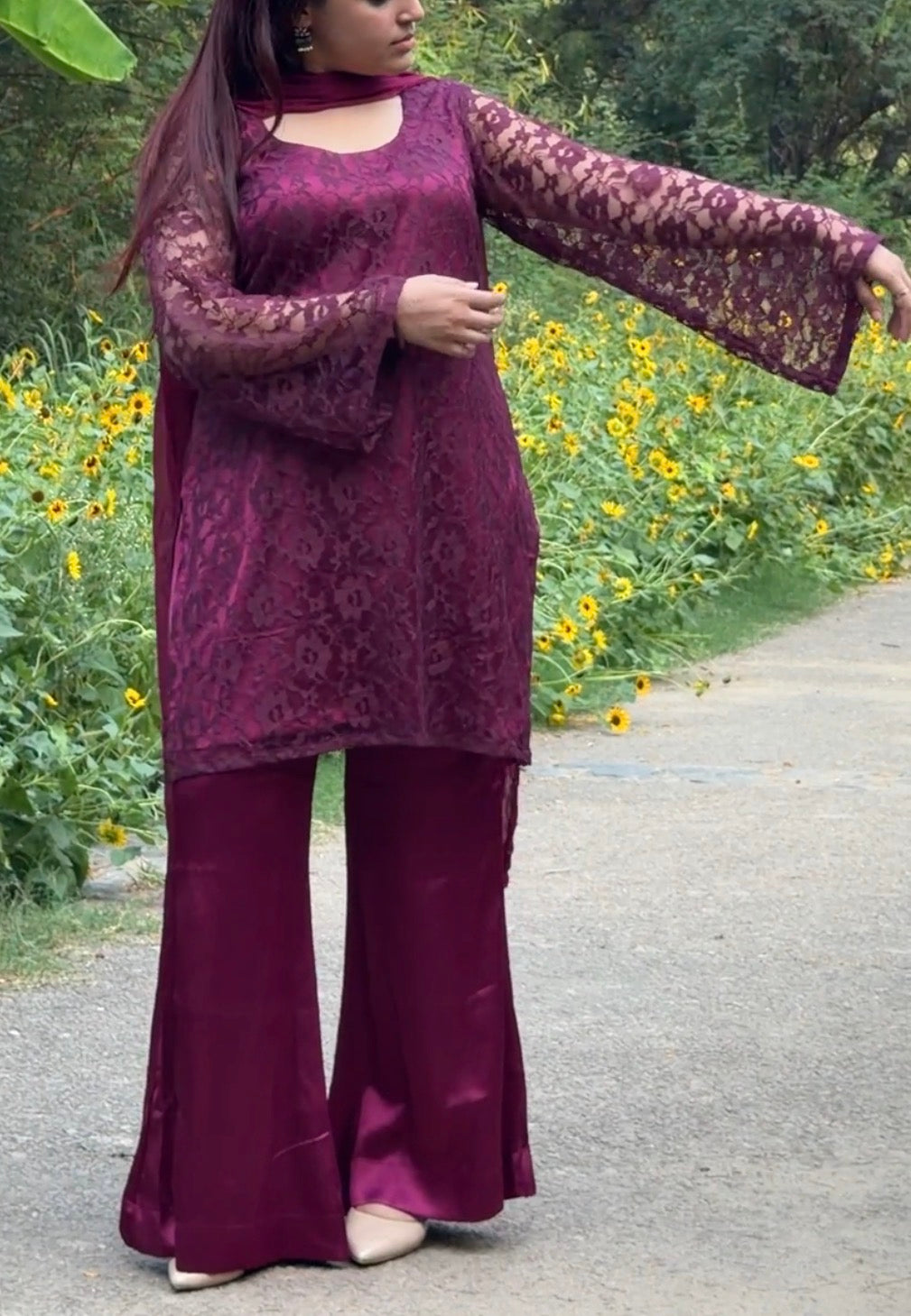 3-Piece Set — Burgundy Designer Net Kameez with Flared Sleeves, Satin Bell Bottom Trousers & Chiffon Dupatta  | ALBABS
