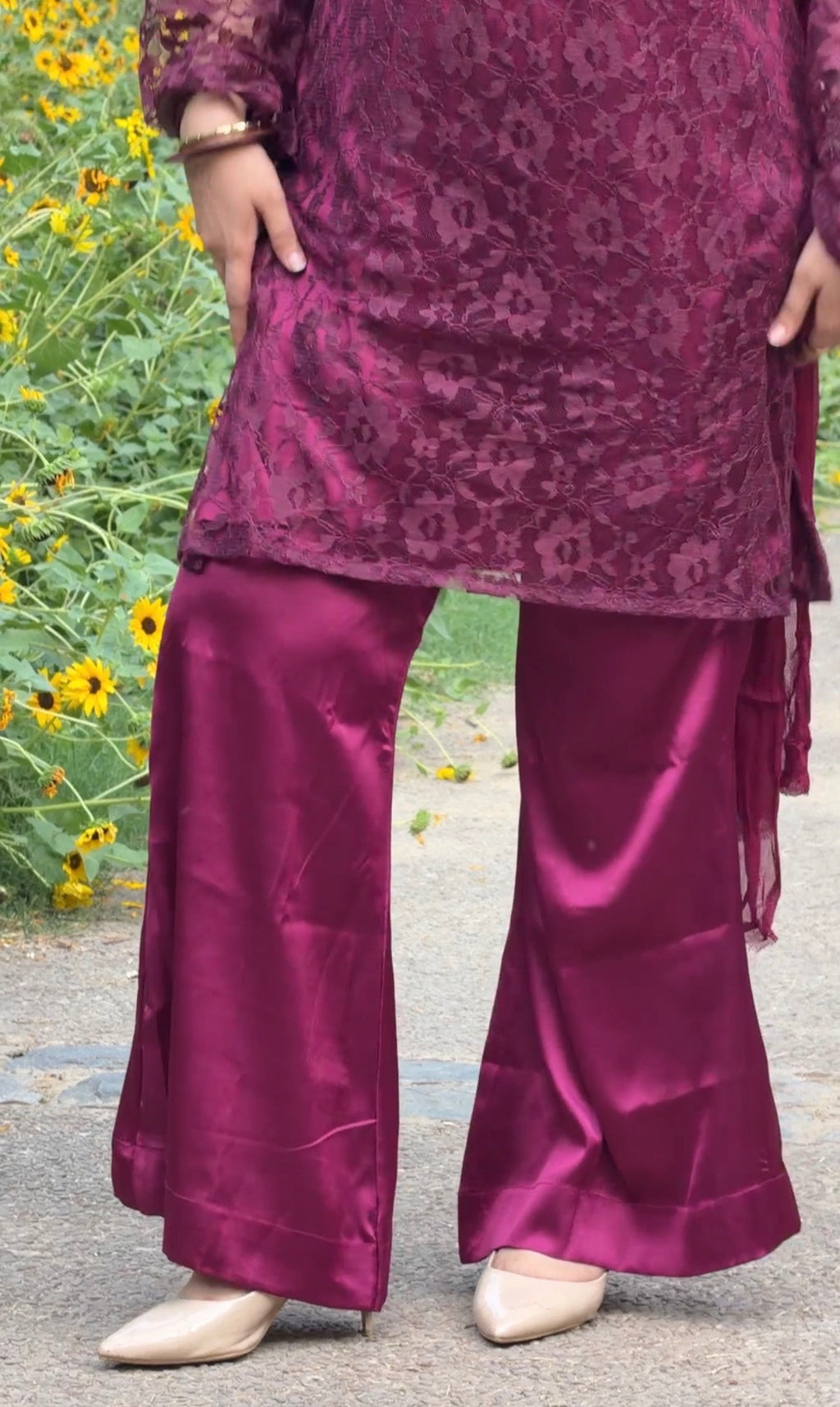 3-Piece Set — Burgundy Designer Net Kameez with Flared Sleeves, Satin Bell Bottom Trousers & Chiffon Dupatta  | ALBABS
