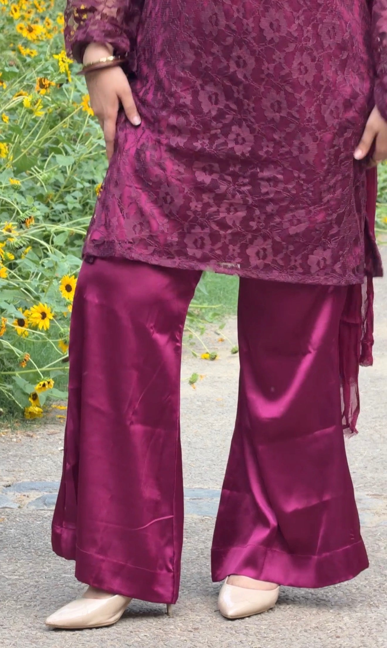 3-Piece Set — Burgundy Designer Net Kameez with Flared Sleeves, Satin Bell Bottom Trousers & Chiffon Dupatta  | ALBABS