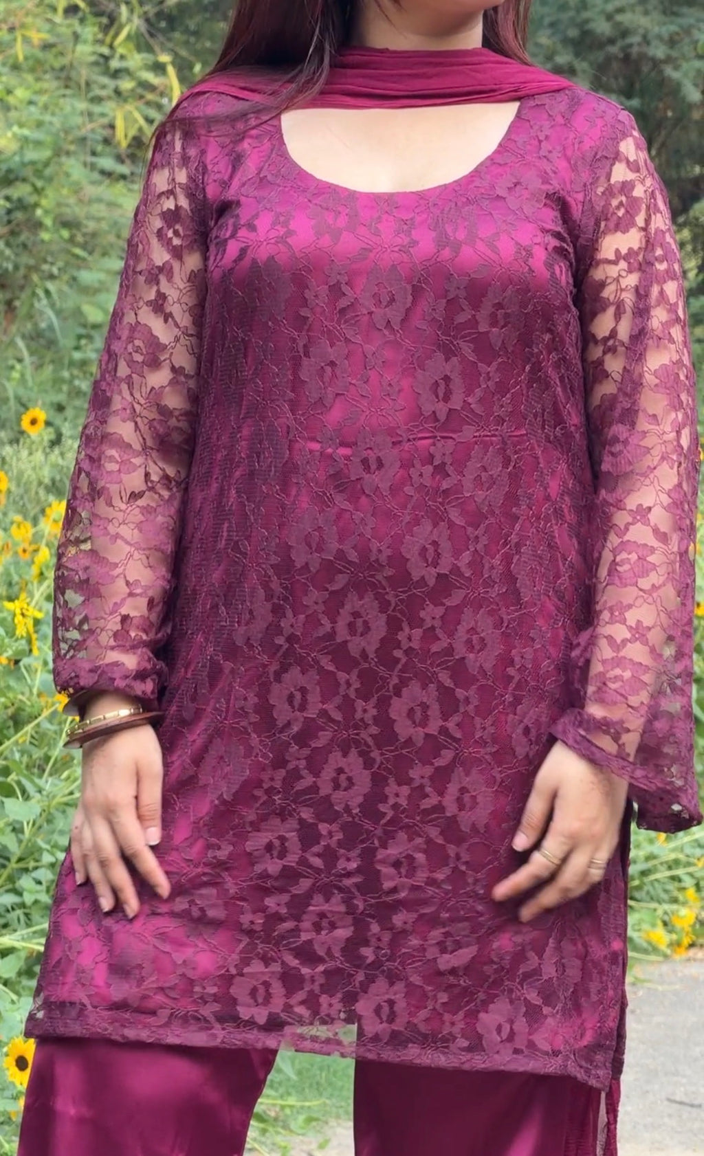 3-Piece Set — Burgundy Designer Net Kameez with Flared Sleeves, Satin Bell Bottom Trousers & Chiffon Dupatta  | ALBABS