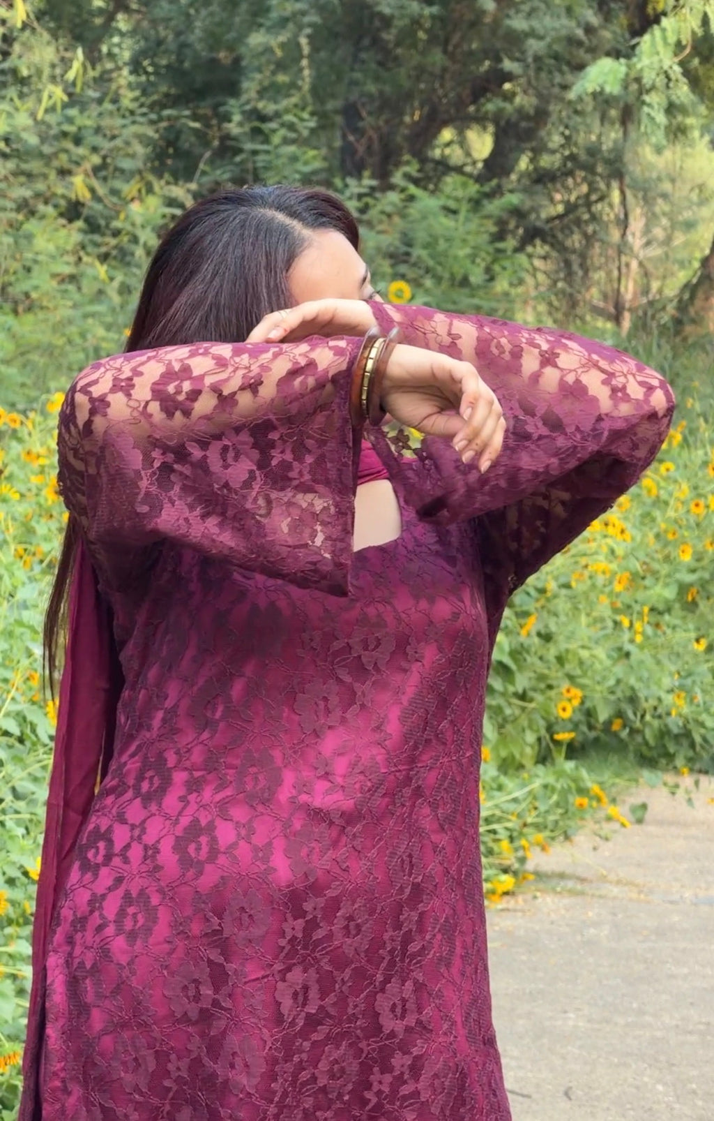3-Piece Set — Burgundy Designer Net Kameez with Flared Sleeves, Satin Bell Bottom Trousers & Chiffon Dupatta  | ALBABS
