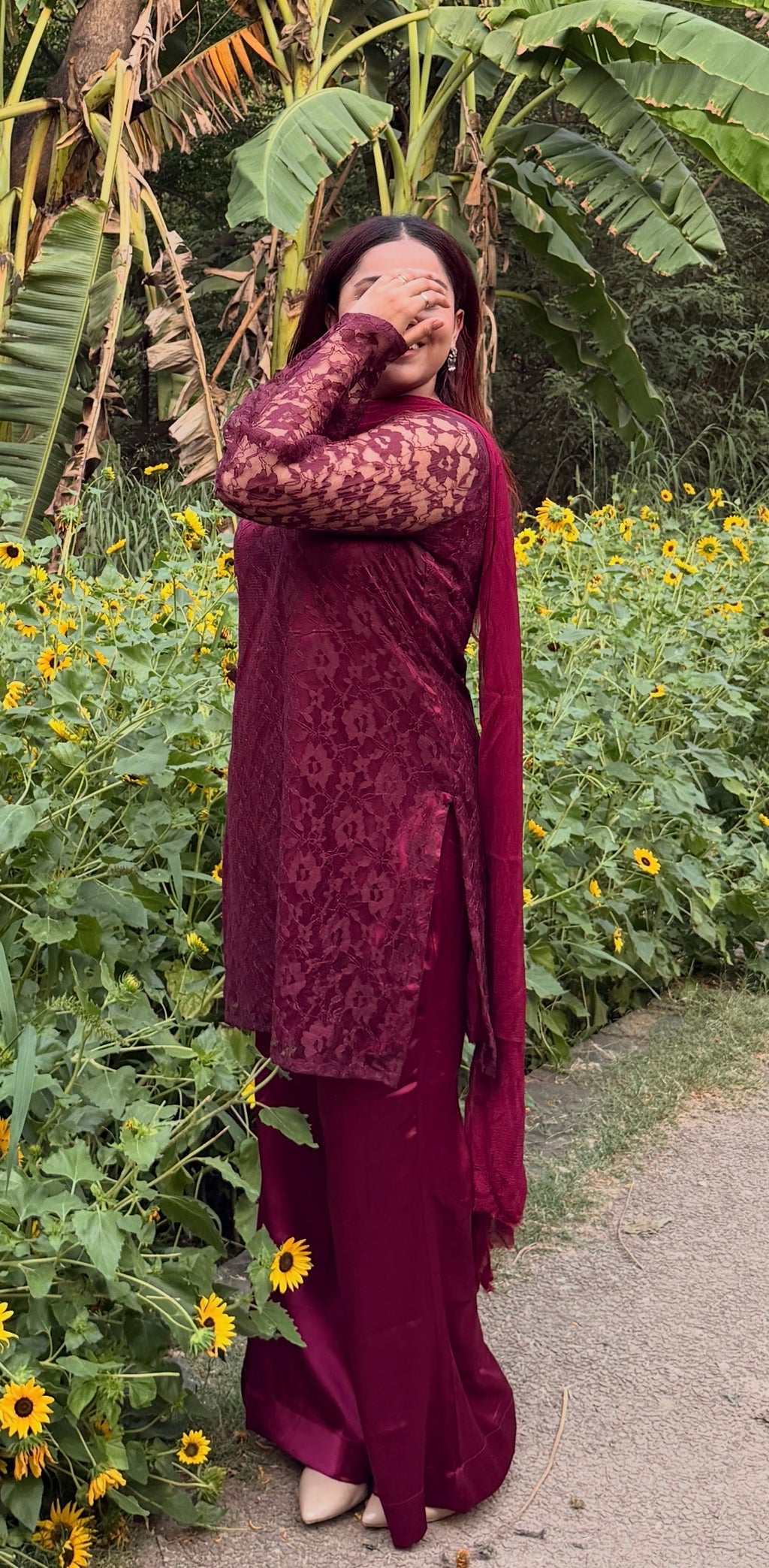 3-Piece Set — Burgundy Designer Net Kameez with Flared Sleeves, Satin Bell Bottom Trousers & Chiffon Dupatta  | ALBABS