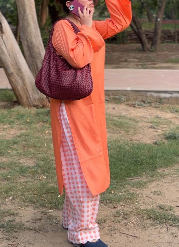 Peach 2-Piece Set — Rayon Cotton Kameez with Kangura Scallop Neck, Flared Sleeves & Gingham Straight Pants | ALBABS