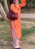 Peach 2-Piece Set — Rayon Cotton Kameez with Kangura Scallop Neck, Flared Sleeves & Gingham Straight Pants | ALBABS