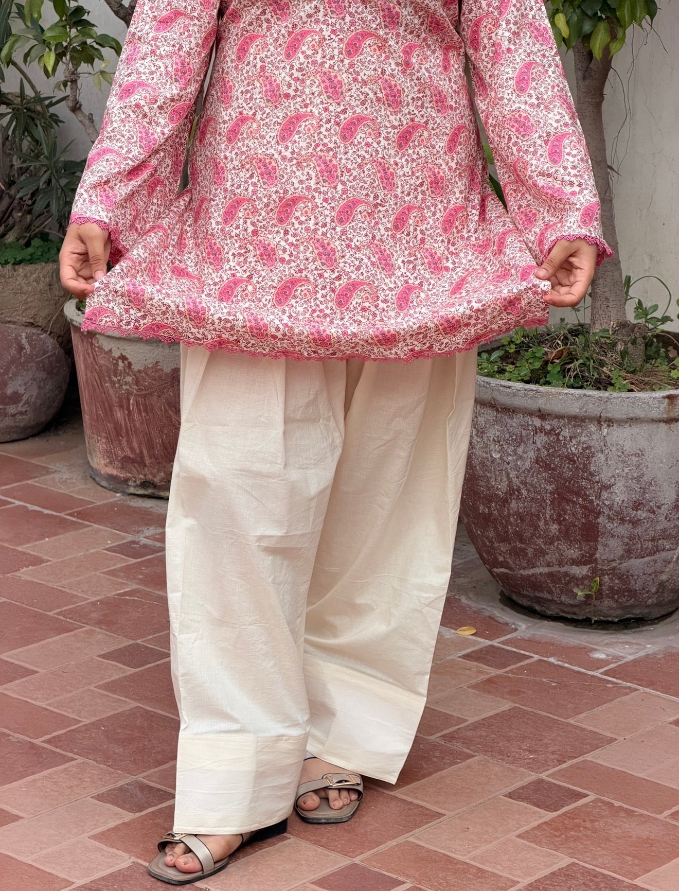 Cotton Block Print Kameez with Ruched Dori Neck, Back Waist Tie, Flared Sleeves & Cream Farshi Shalwar | ALBABS