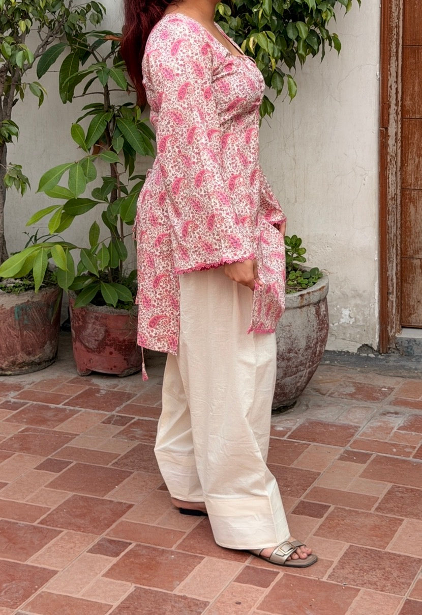 Cotton Block Print Kameez with Ruched Dori Neck, Back Waist Tie, Flared Sleeves & Cream Farshi Shalwar | ALBABS