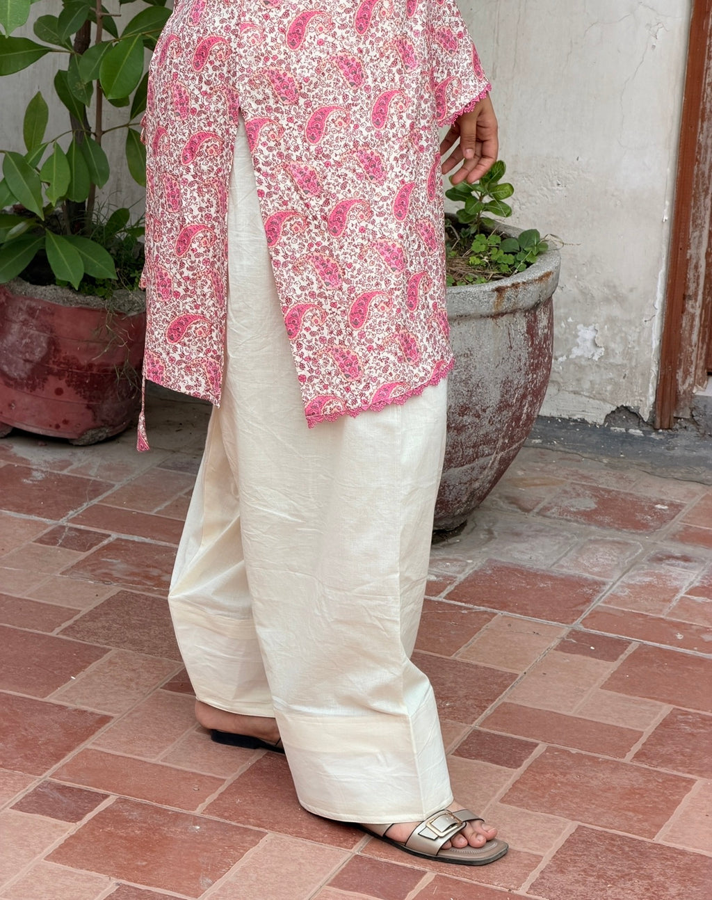 Cotton Block Print Kameez with Ruched Dori Neck, Back Waist Tie, Flared Sleeves & Cream Farshi Shalwar | ALBABS