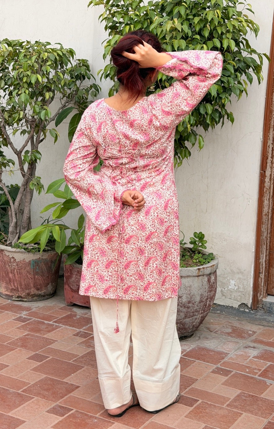Cotton Block Print Kameez with Ruched Dori Neck, Back Waist Tie, Flared Sleeves & Cream Farshi Shalwar | ALBABS